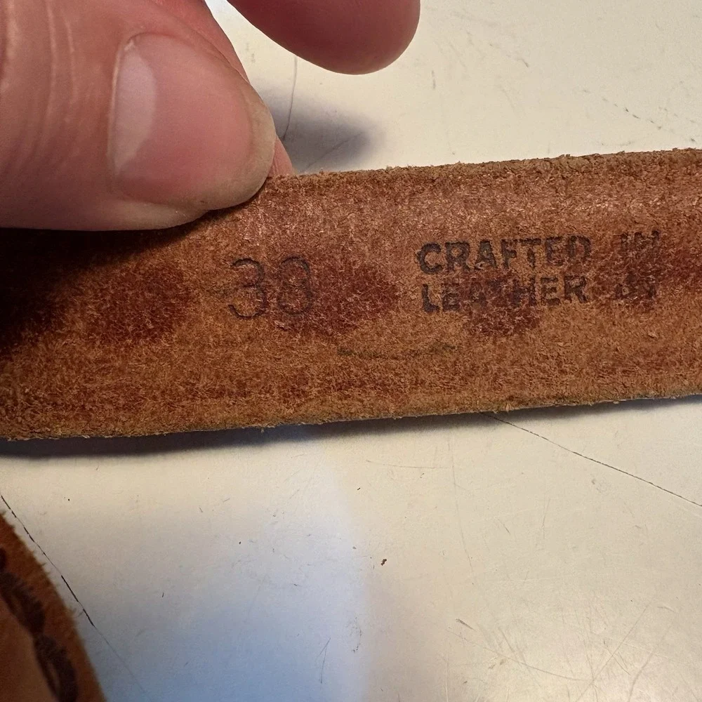 Vintage Justin Western Leather Belt Brass Buckle Sz 38 